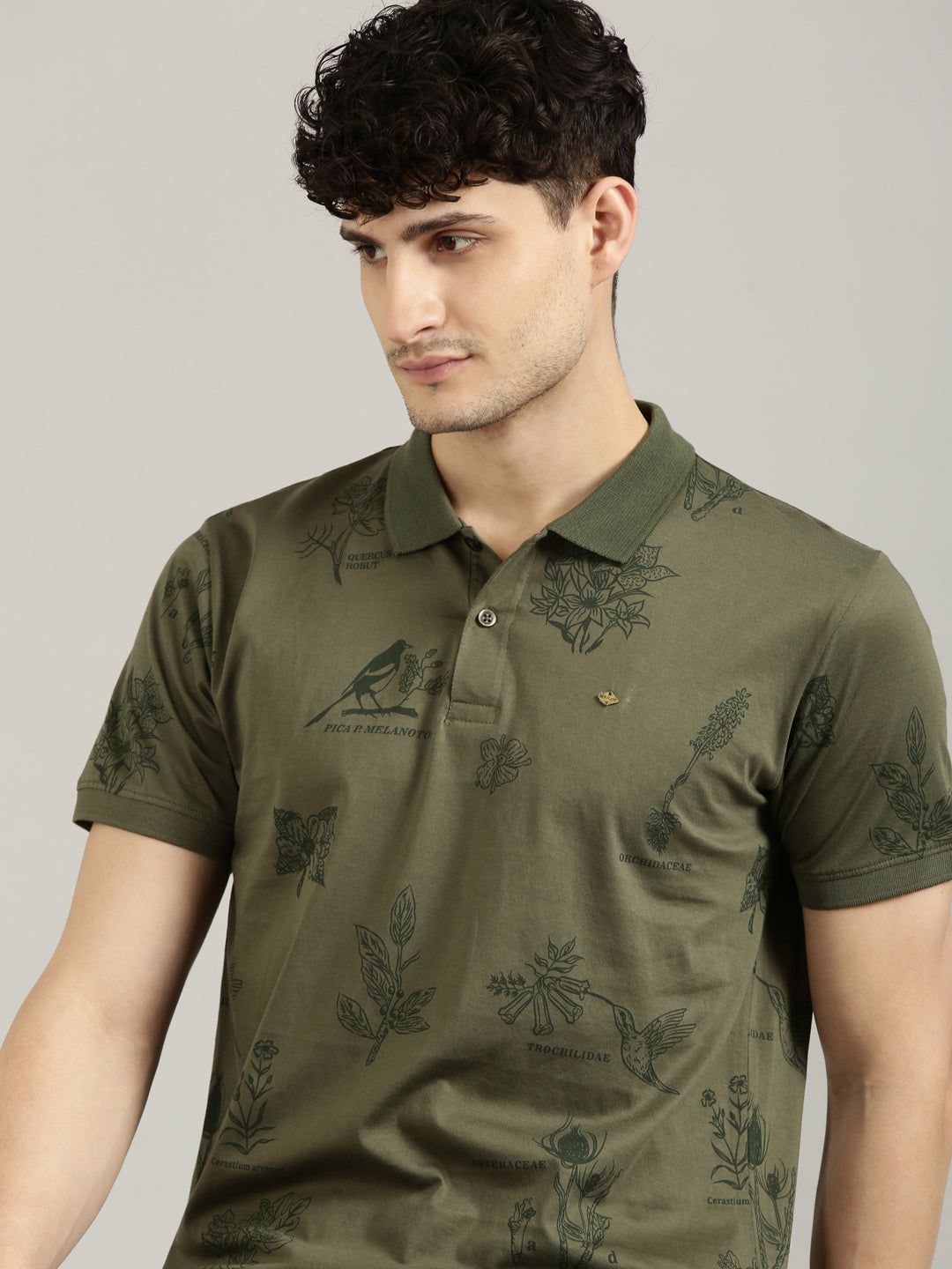 Dark Green Printed Polo T-shirt-L
