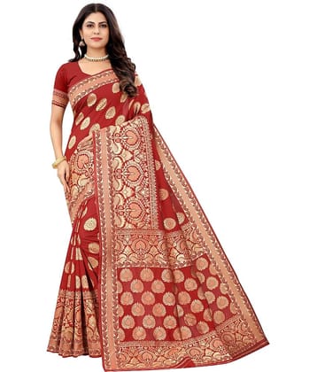 NENCY FASHION Banarasi Silk Self Design Saree With Unstitched Blouse Piece ( Red )
