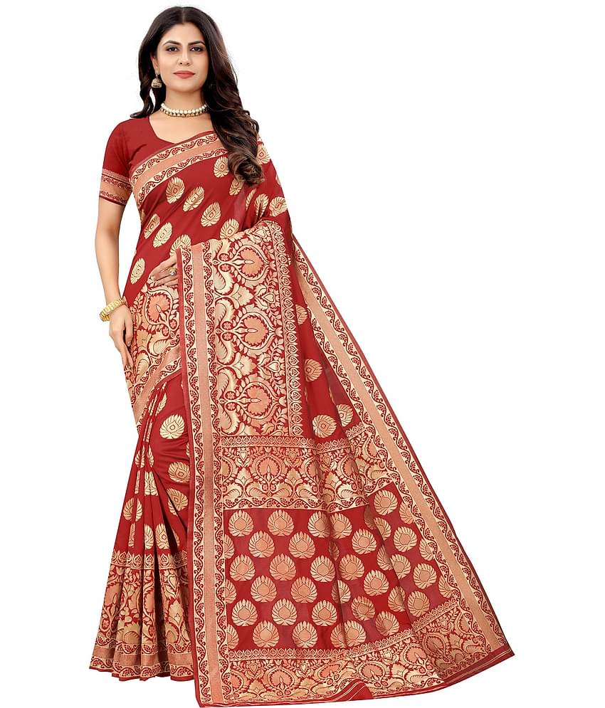 NENCY FASHION Banarasi Silk Self Design Saree With Unstitched Blouse Piece ( Red )