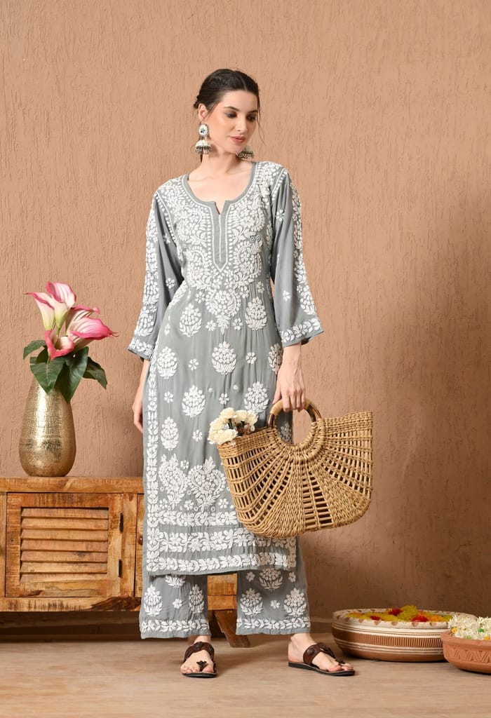 Hand Embroidered Chikankari Modal Plazo Set with 3D Floral Work – Ethnic Wear for Women