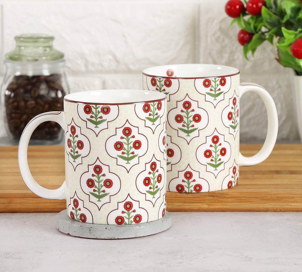 India Circus Grey Poppy Flower Coffee Mug Set Of 2