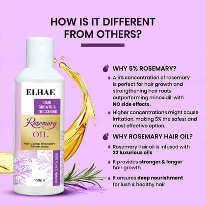 "ELHAE Rosemary Oil for Hair Growth & Thickening � 100% Pure & Natural Hair and Scalp Treatment, Promotes Stronger, Fuller Hair � 100ml"