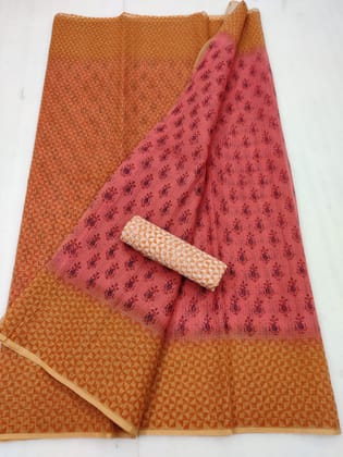 Artisanal Kota Doria Blockprinted Orange & Pink Saree