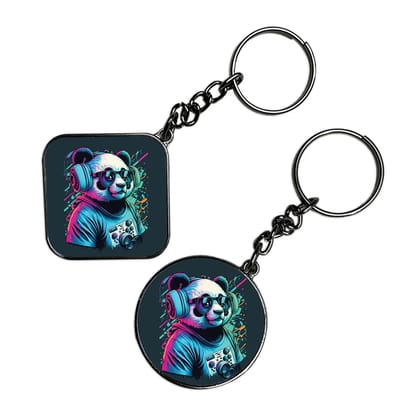 Panda DJ - Keychain With Silver Border (Pack Of 2)