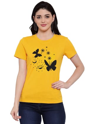 Women's Cotton Blend Butterfly With Star Printed T-Shirt S (Yellow)