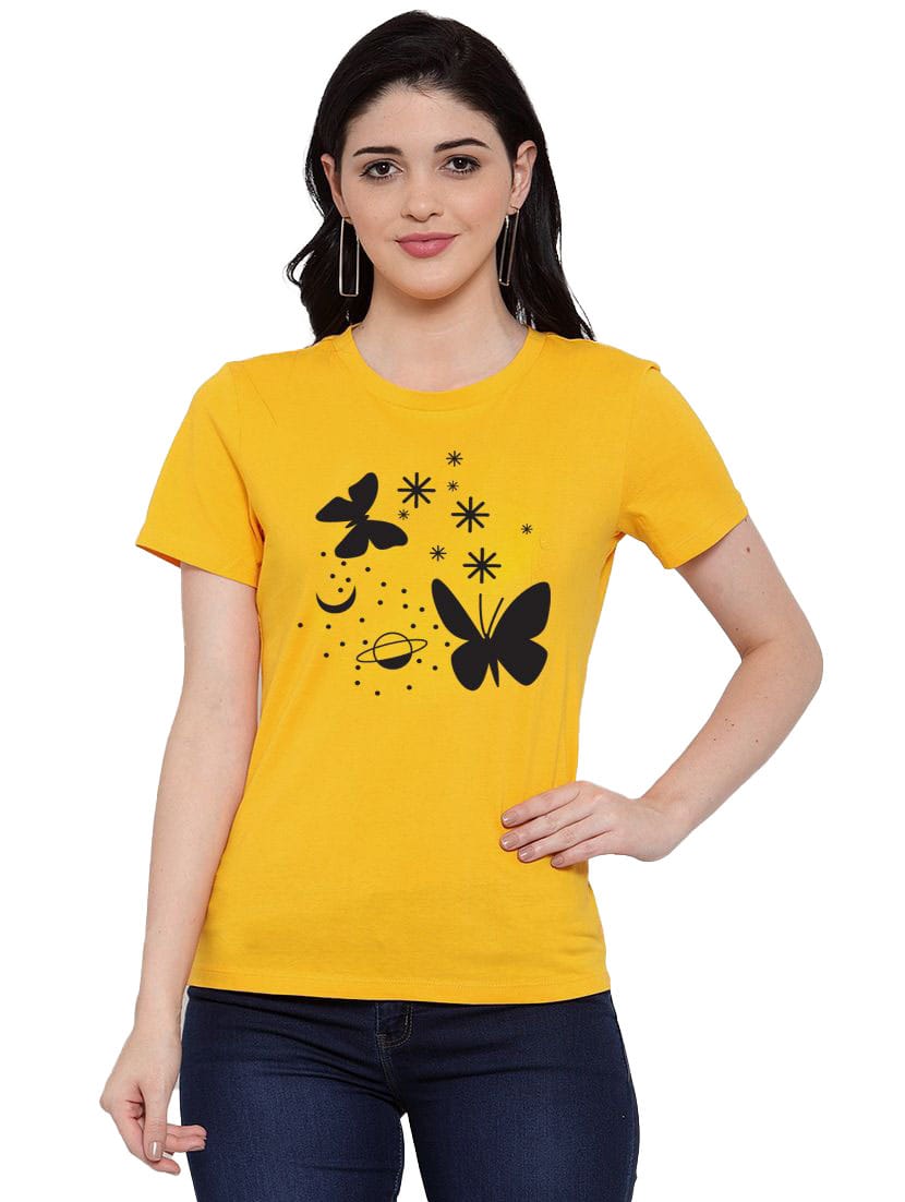 Women's Cotton Blend Butterfly With Star Printed T-Shirt S (Yellow)