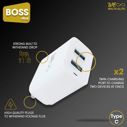 Walta Elite PB 30 Charger 20W USB & Type-C Dual Output Super Fast Charger, Wall Adapter Power Delivery 3.0 Fast Charging with Type C Cable- White