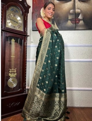 Women's Silk Printed Saree With Unstitched Blouse 5.5Mtr (Green)-PID60143