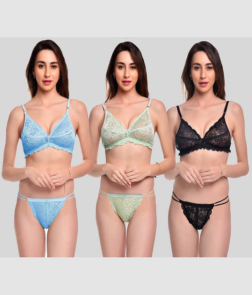 LadySoft Pack of 3 Lace Women's Bra & Panty Set ( Multicolor ) Bikni-Set