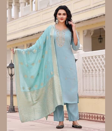 TRAHIMAM Women Chanderi Embroidered Straight Kurti With Pants ( Light Blue )
