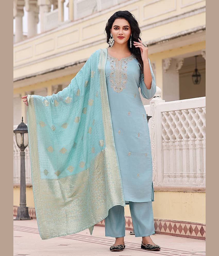 TRAHIMAM Women Chanderi Embroidered Straight Kurti With Pants ( Light Blue )