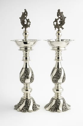 Nandigosh Silver Art Traditional Deepak Stand Pure Silver Finish, Handcrafted Pair Nandigosh Silver Art Traditional Deepak Stand Pure Silver Finish, Handcrafted Pair