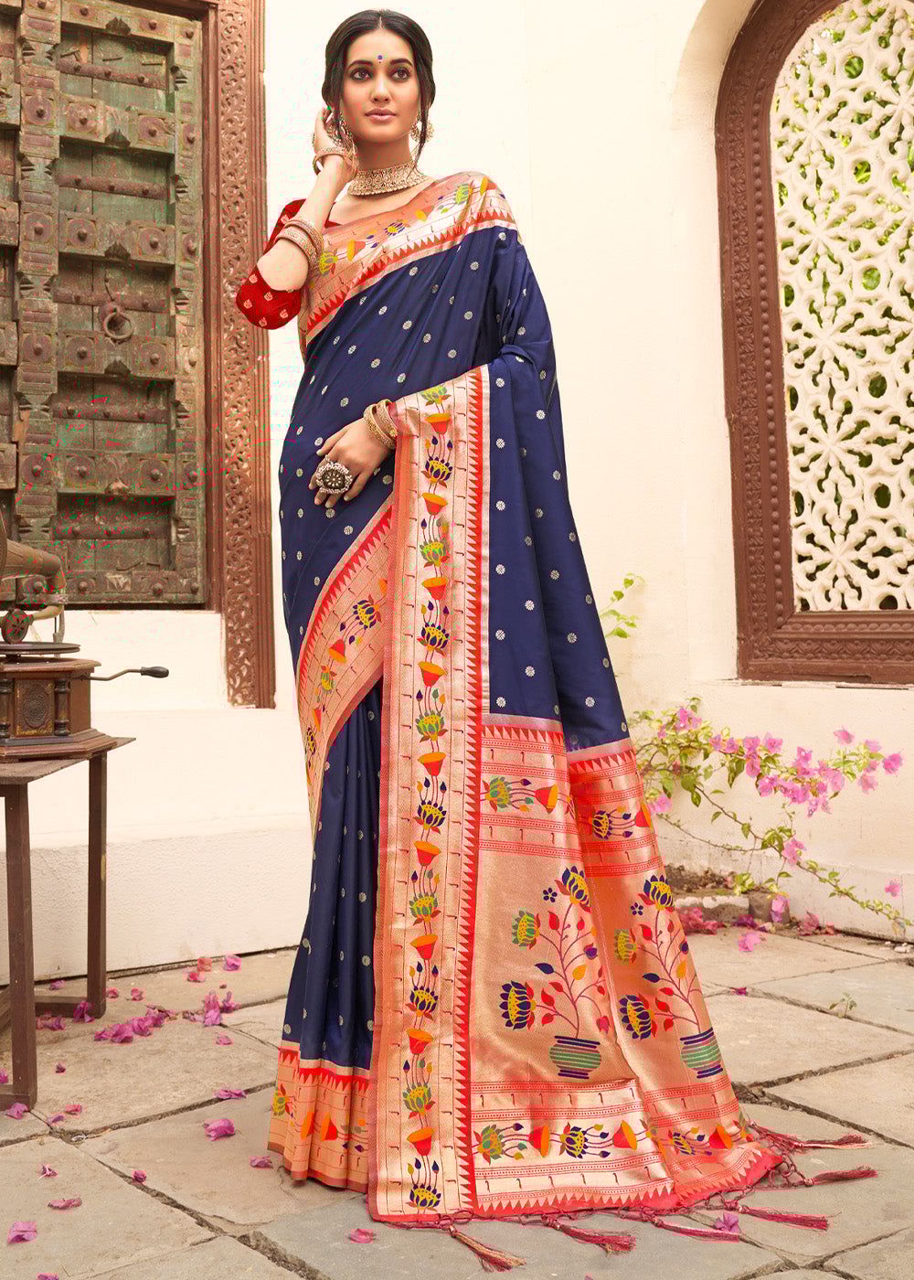 Navy Blue Woven Paithani Silk Saree
