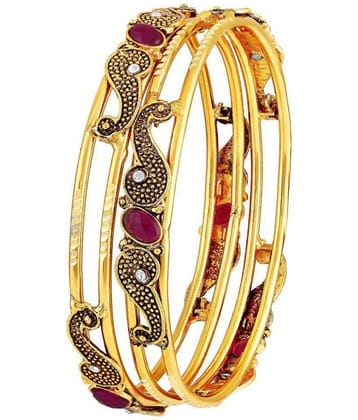 Asmitta Traditional Oxidised Brass Gold Plated White & Pink Stone Set of 2 Bangle Set For Women