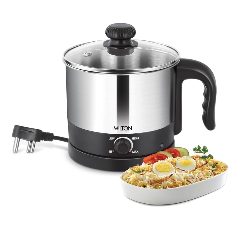 Milton Kitchen Essential Euroline Go Electro Electric Cooker With Glass Lid, 600 Watt, 1.2 Litres, Multi-Purpose Kettle Cum Steamer for Instant Noodles, Eggs, Cordless Pot