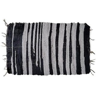 Handcrafted Cotton Striped Rug, Black and Grey, 65x40 cm, Washable Floor Mat with Tassel, Living Room and Bedroom