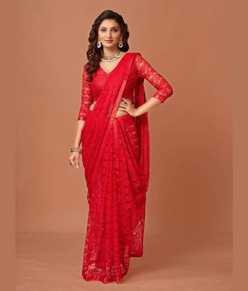 VERVIZA Net Printed Saree Without Blouse Piece ( Red )