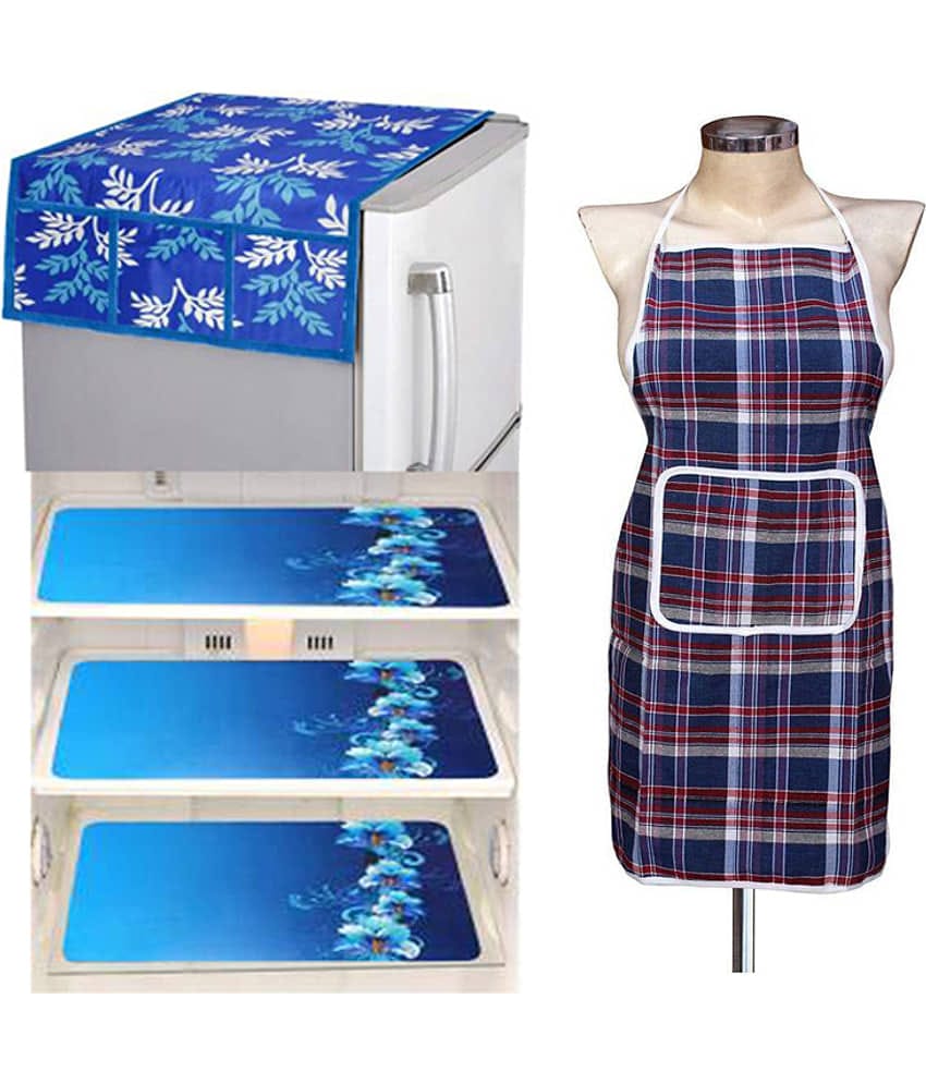 Fabolic Polyester Floral Fridge Mat & Cover ( 93 53 ) Pack of 5 - Blue