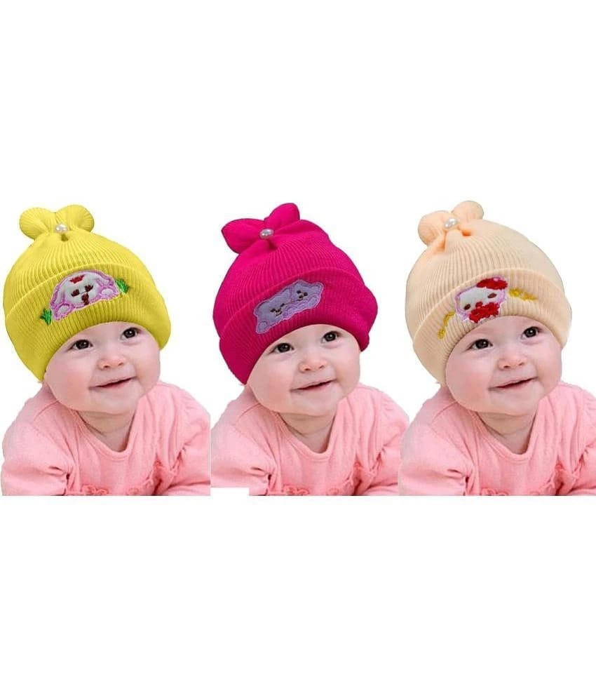 TOTAL HEALTH Baby Winter Warm and Soft Cap | New Born Baby Kids Hat | Baby Cute Caps for Winter | Woollen Cap for Kids Boys & Girls in Multicolours Pack of-3 - None