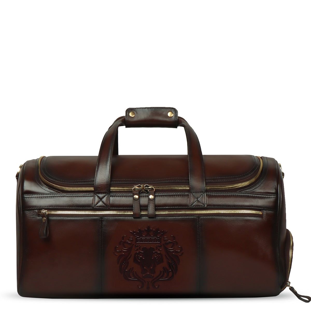 Embossed Lion Multi-Pockets Dark Brown Leather Duffle Bag by Brune & Bareskin-FS