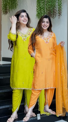 Asma Hand Embroidered Suit with Tulip Pants-Orange / L