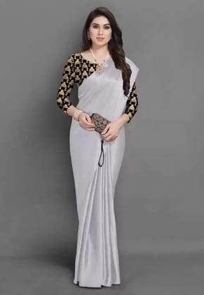 ANSH Womens Satin Solid Saree length (5.5m) & Blouse Piece Size (0.8m) (White)