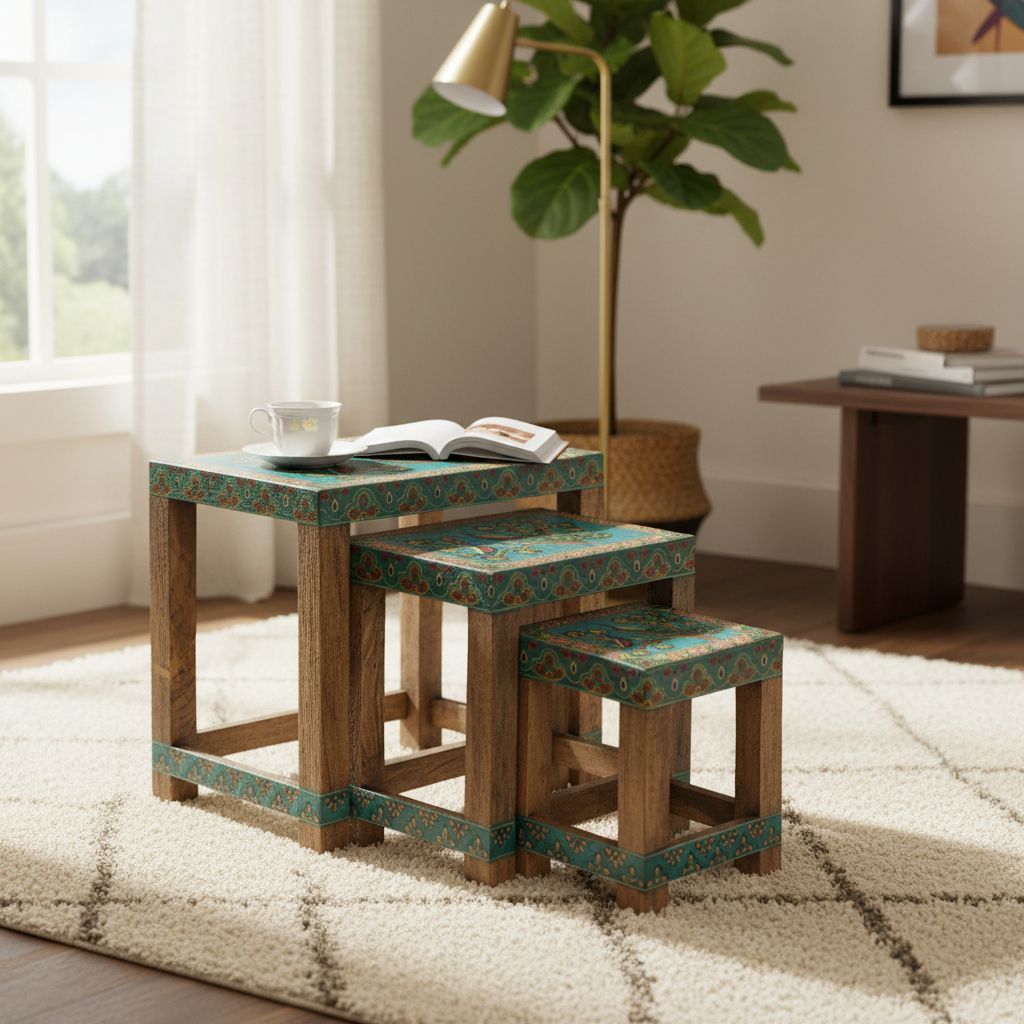 Wooden Handicraft Peacock Nesting Stool Set of 3 | Nest of Stools