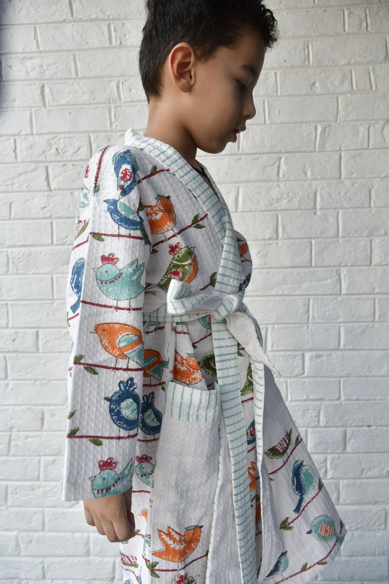 Kids HandBlock Premium Waffle Cotton Bathrobe Sparrow Pattern Large (6-8 years)