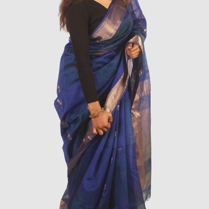 Royal Blue Maheshwari Silk Cotton Saree with Gold Zari Border