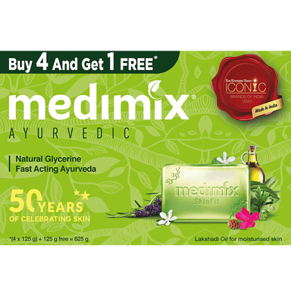 Medimix Natural Glycerine Ayurvedic Bathing Bar, 125 G - Buy 4 Get 1 Free