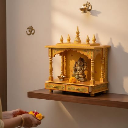 Wooden Wall-Temple, Handicraft Pooja-Temple In Golden Color, Pooja-Stand/Pooja-Ghar/Pooja-Place For Home