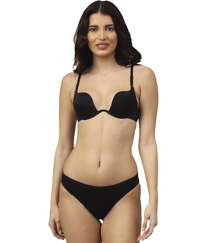 PrettyCat Polyester Women's Bra & Panty Set ( Black )