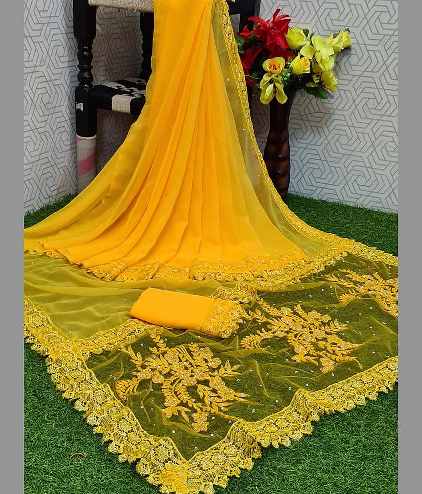 A TO Z CART Georgette Embellished Saree With Unstitched Blouse Piece ( Yellow )