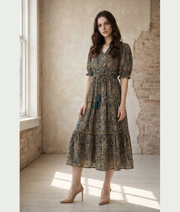 Femvy Women Crepe Printed Fit & Flare Dress ( Brown )