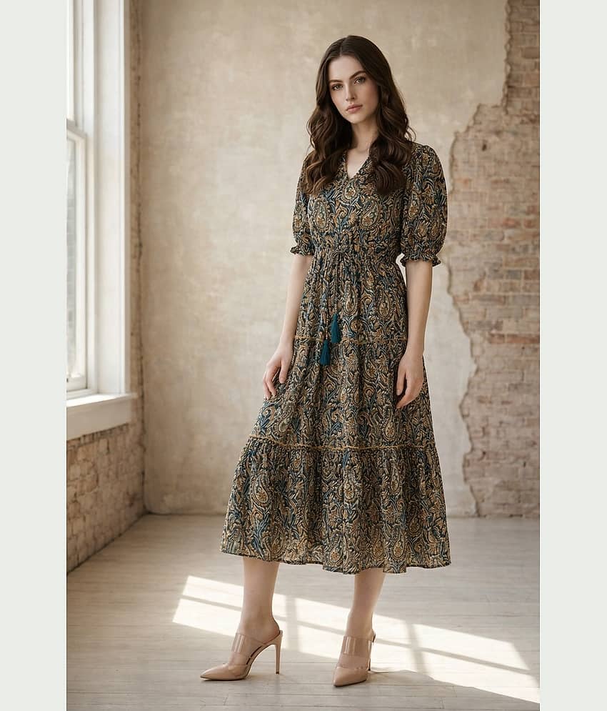 Femvy Women Crepe Printed Fit & Flare Dress ( Brown )