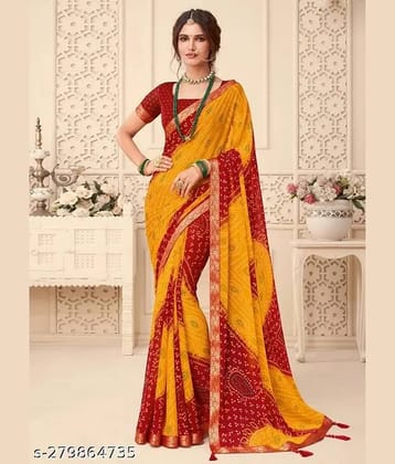 Nandini Creation Chiffon Printed Saree With Unstitched Blouse Piece ( Yellow )