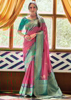 Dusky Pink Woven Banarasi Soft Silk Saree