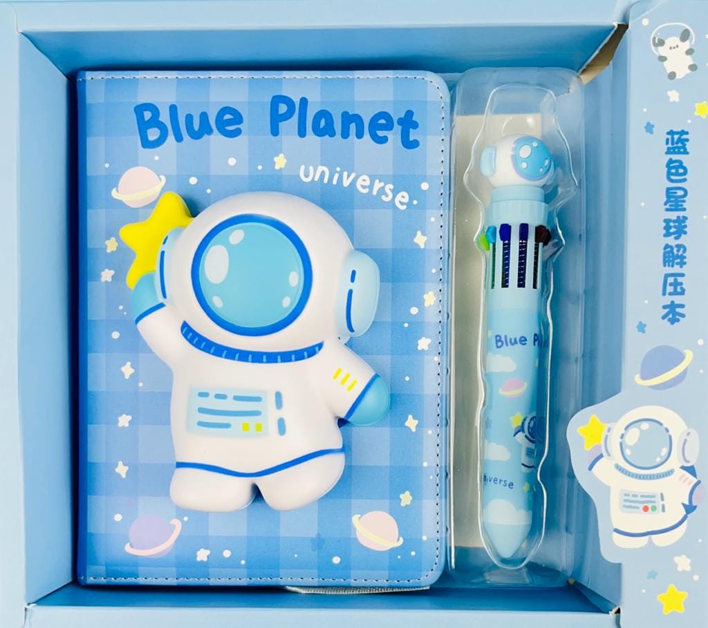 3D Cartoon Squishy Destress Notebook Diary With  Multicolor Pen  For Kids-Blue planet