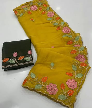 Star Georgette saree with embroidery work all over saree and beautiful  flower  design with cut work border.