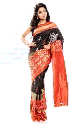 Black Pochampally Silk Saree With Orange Border