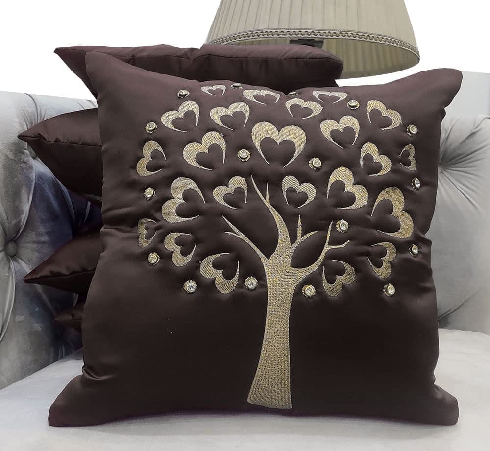 GOODVIBES Brown Gold Embroidered Velvet Cushion Case Luxury Modern Throw Pillow Cover Decorative Pillow for Couch Living Room Bedroom Car| 16X16 Inches | 40cm * 40 cm I Set of 5|