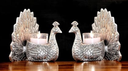 Dreamkraft Metal Dancing Peacock Pair Figurine Vastu for Good Luck & Love | Votive Candle Holder | Home Decor Tabletop Living Room Office | Set of 2 Pcs | Silver Finish | Ideal for Gifting Dreamkraft Metal Dancing Peacock Pair Figurine Vastu for Good Luck & Love | Votive Candle Holder | Home Decor Tabletop Living Room Office | Set of 2 Pcs | Silver Finish | Ideal for Gifting