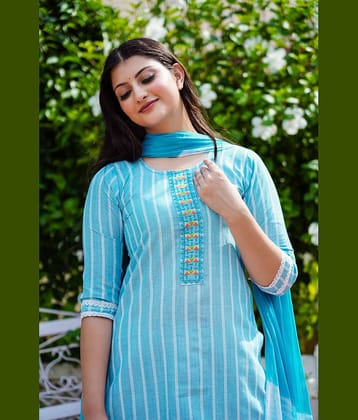 anushansa Cotton Blend Printed Kurti With Pants Women's Stitched Salwar Suit - Blue ( Pack of 1 )