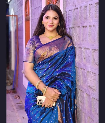 Vastukala Silk Woven Design Banarasi saree With Unstitched Blouse Piece ( Blue )
