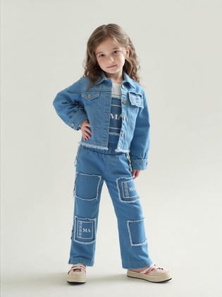 Girls Denim Co-Ord Set [GCS-5058] (1-12Years)-4-5Y (Size - 24) / Imported / Blue