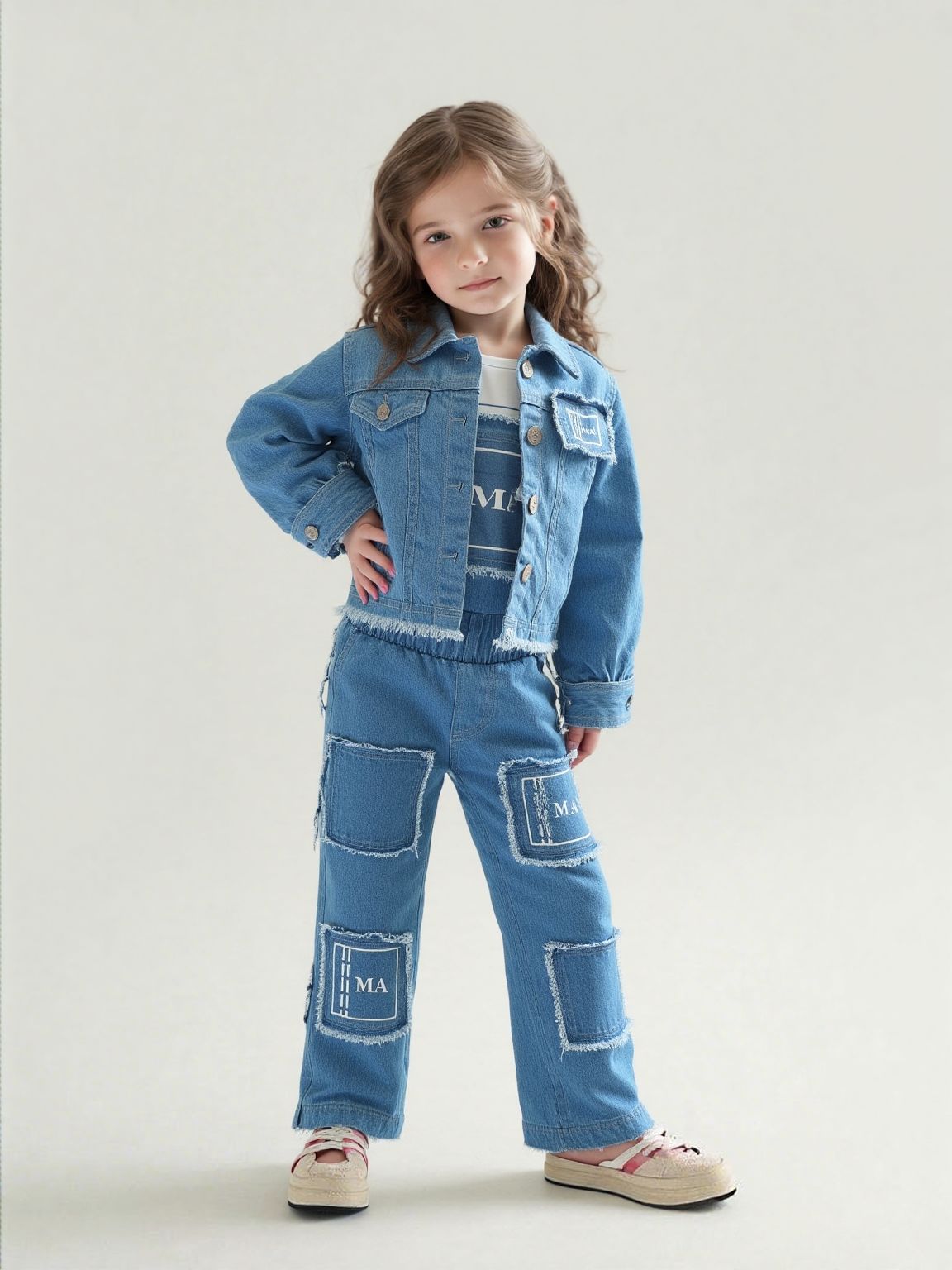 Girls Denim Co-Ord Set [GCS-5058] (1-12Years)-4-5Y (Size - 24) / Imported / Blue