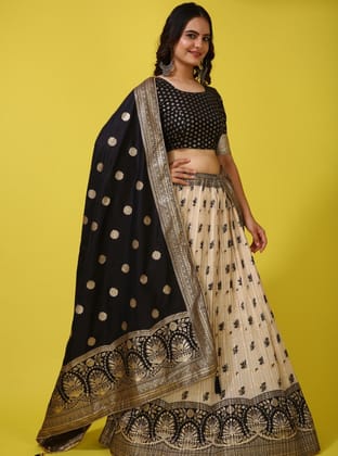 Cream Banarasi Semi-Stitched Lehenga Choli