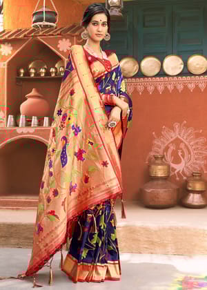 Queen Blue Woven Paithani Soft Silk Saree