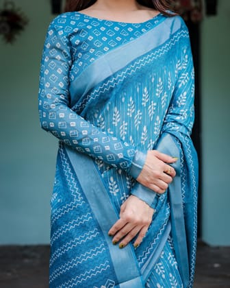 Turquoise Pure Cotton Linen Saree with White Floral Design, Blouse, and Tassel Edges-Regular