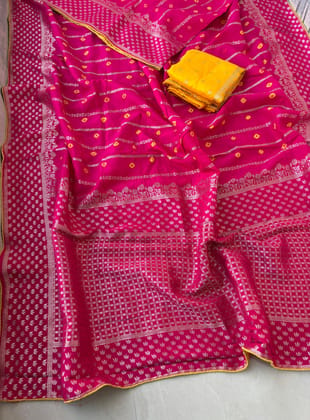 Pure munga silk fabric with beautiful Jaipuri bandej zari waiving work all over saree